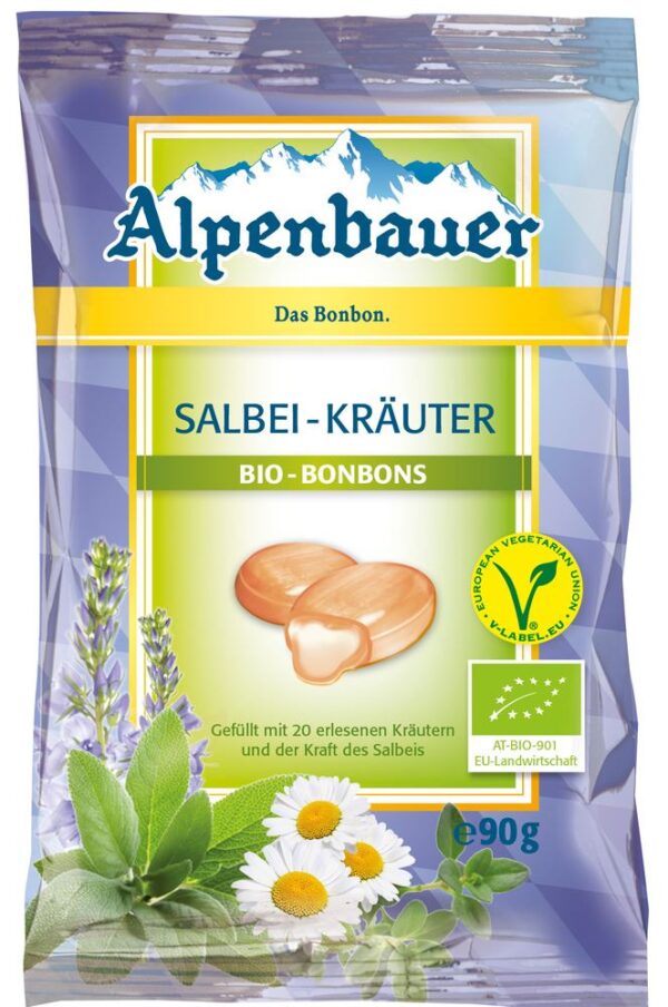 CUKIERKI Z NADZIENIEM O SMAKU ZIOŁOWYM Z SZAŁWIĄ BIO 90 g - ALPENBAUER