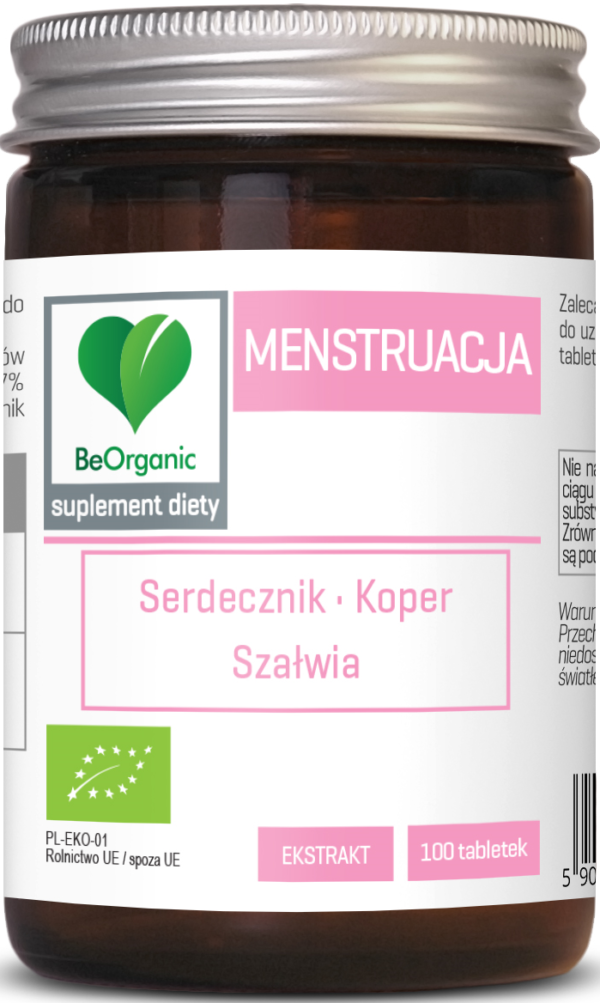 TABLETKI POLECANE PRZY MENSTRUACJI (SERDECZNIK, KOPER, SZAŁWIA) BIO 100 szt. - BE ORGANIC