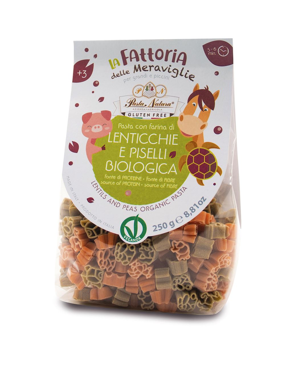 Makaron dla dzieci ZWIERZĘTA FARMA – soczewica, groszek zielony i ryż, BIO, bezglutenowy, 250 g – Pasta Natura